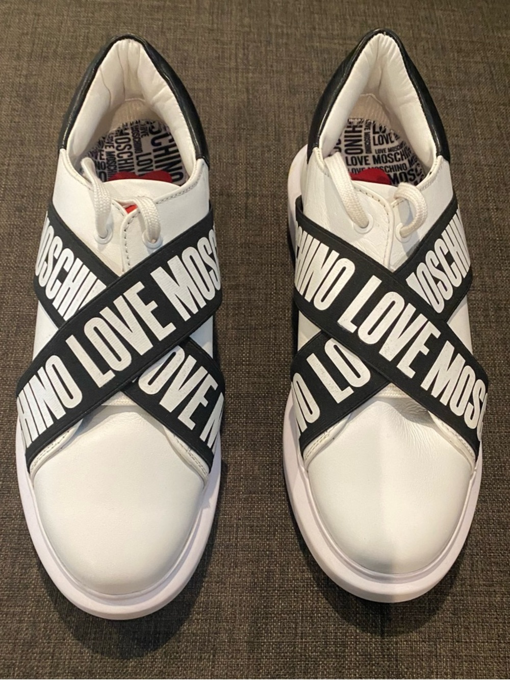 Love Moschino White and Black Logo Strap Sneakers NWOT size 9.